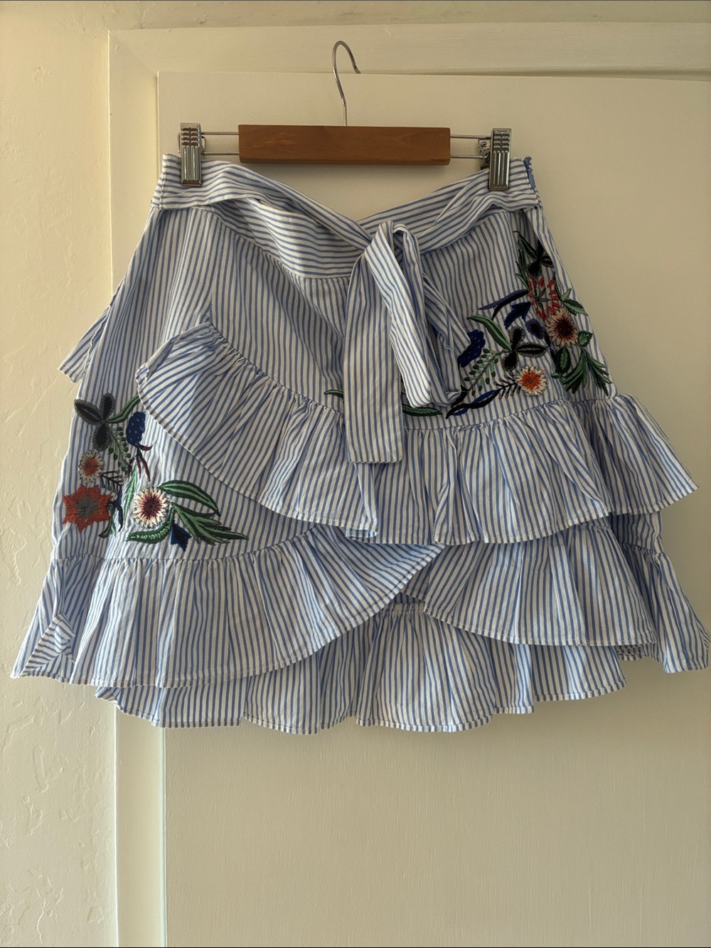Blue & White Striped Ruffle Wrap Skirt with Floral Embroidery